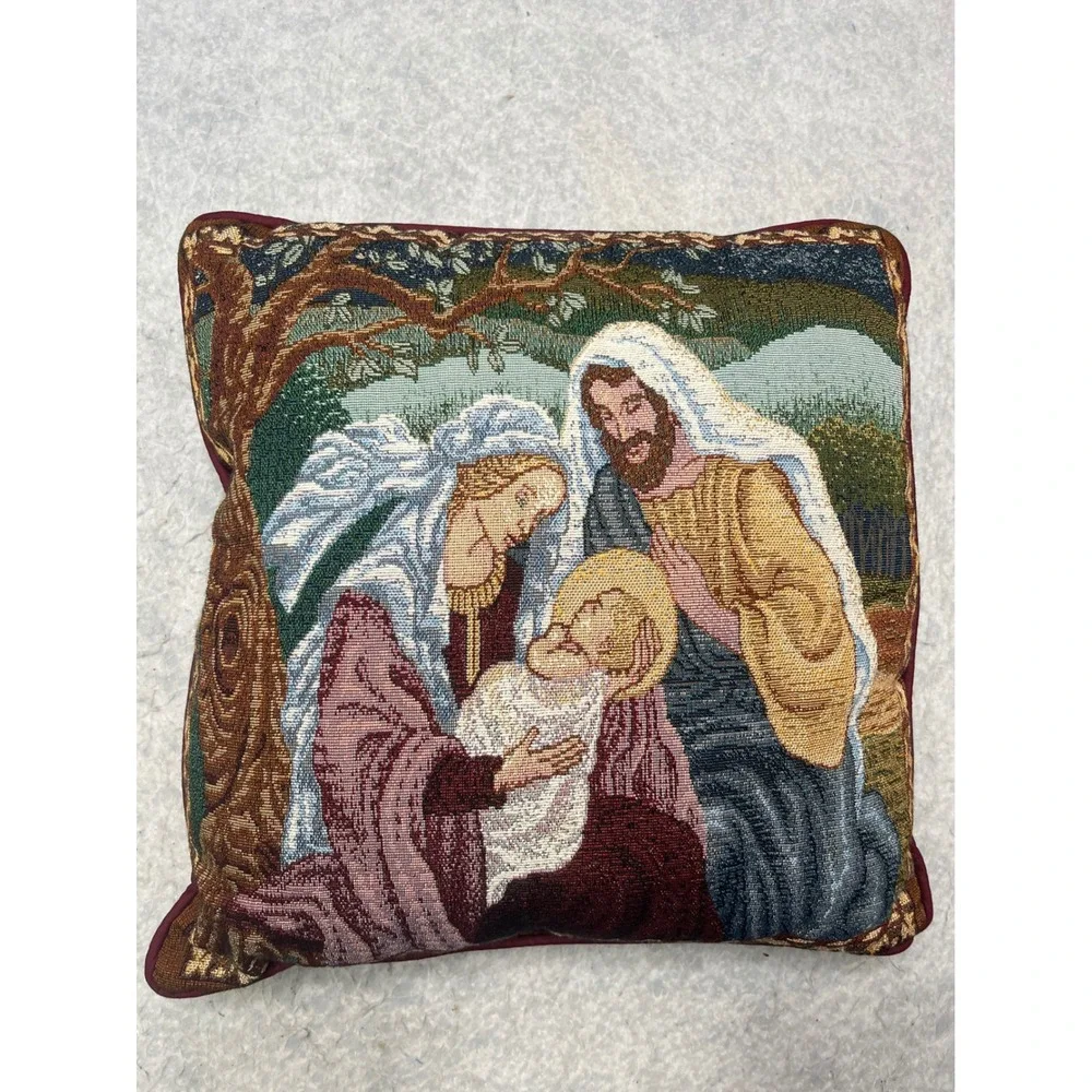 Vintage Nativity Tapestry Throw Pillow‎ Holy Family Christmas Decor Burgundy